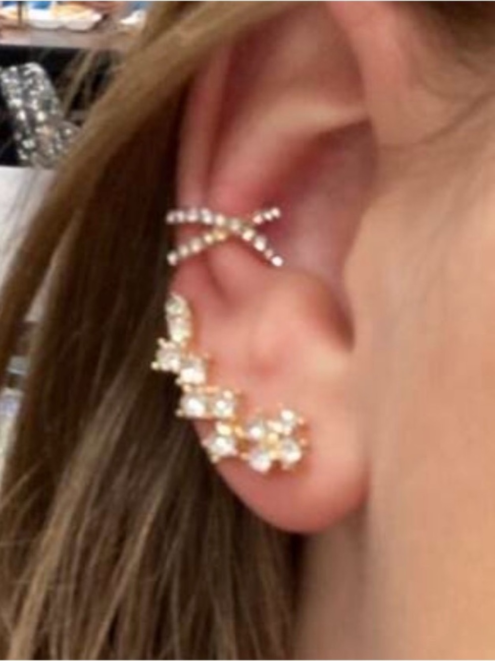 Gold Crystal X Ear Cuff and Floral Ear Climber Set